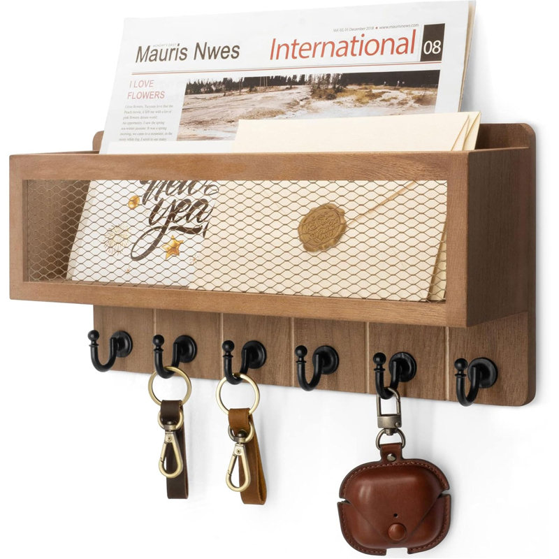 Farmhouse Key Holder with Mail Storage Basket, Brown