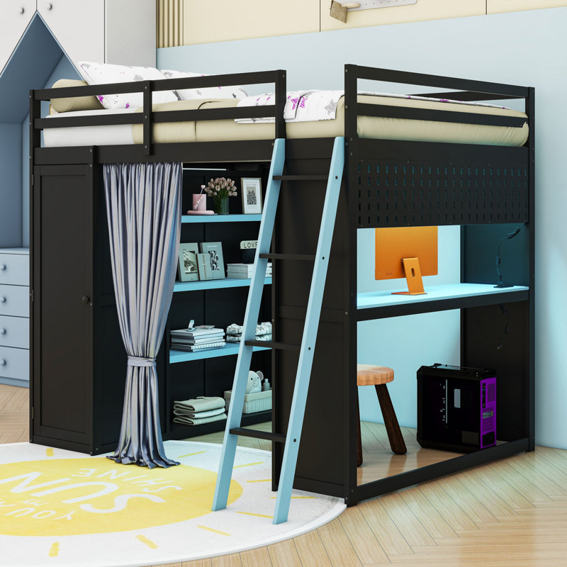 Lit mezzanine double en bois avec bureau, garde-robe, tablettes, rideaux, lumières et port USB, Noir / Bleu