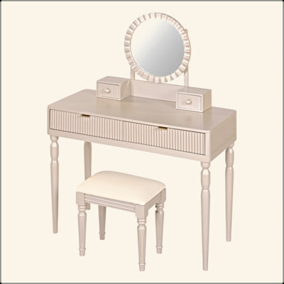 Ensemble de coiffeuse de luxe avec miroir rond, hauteur réglable, coiffeuse, 4 tiroirs et tabouret