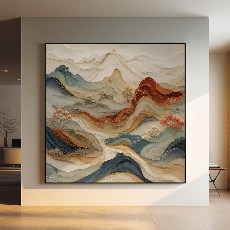 Très grand art mural imprimé sur tissu - Montagnes abstraites orange et vertes, décoration de salon moderne - "Assemblage requis du cadre (cadre non fini)"