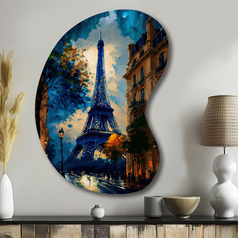 Tour Eiffel bleue en automne - paysage français en forme de flèche - art mural asymétrique en métal, H 39 po x l 28 po