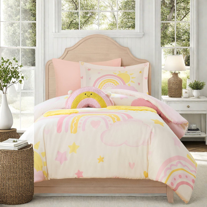 Ensembles de literie pour enfants, couette en microfibre sherpa rose arc-en-ciel pour lit simple/simple XL