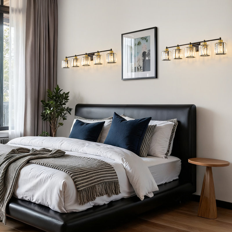 Éclairage de salle de bain à intensité variable à 3 lumières avec abat-jour en cristal K9 Berto, Noir mat / Or, 5 lumières