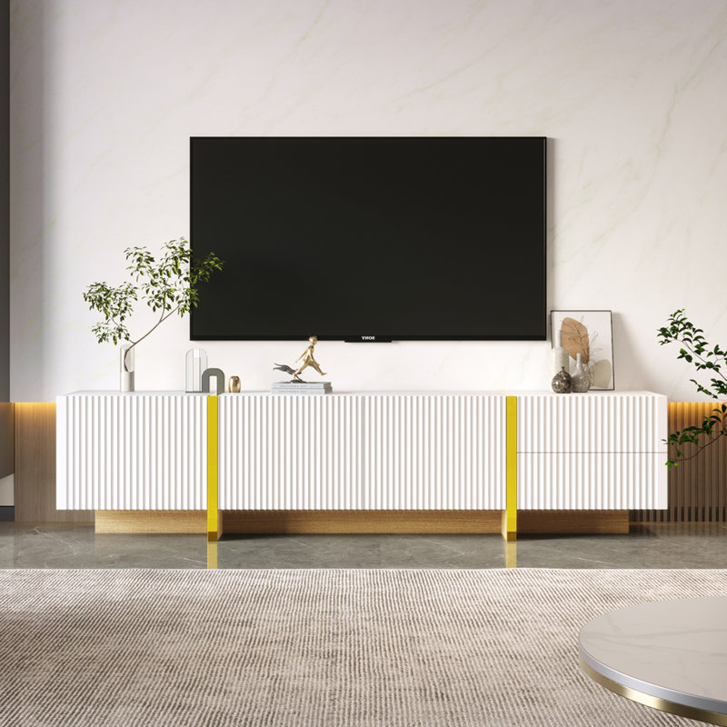 Unfinished TV Stand for TVs up to 75", White/Gold/Natural Wood