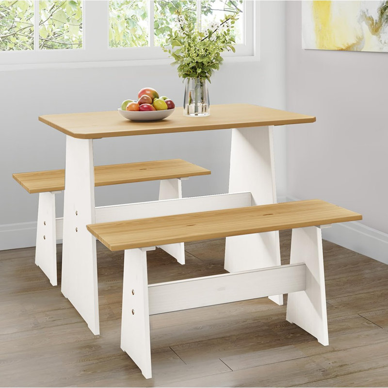 3-Piece Dining Table With 2 Bench Chair Set Wooden Br...