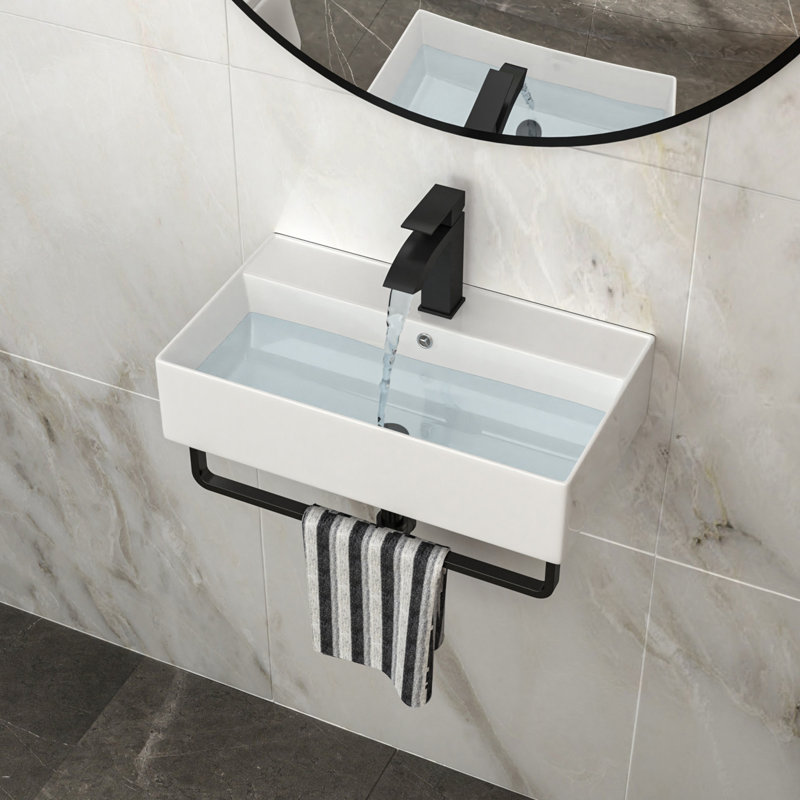 21"X12" Wall-Mounted Rectangular Ceramic Bathroom Sink With Black Towel Bar & Overflow, Black Faucet, White/Black