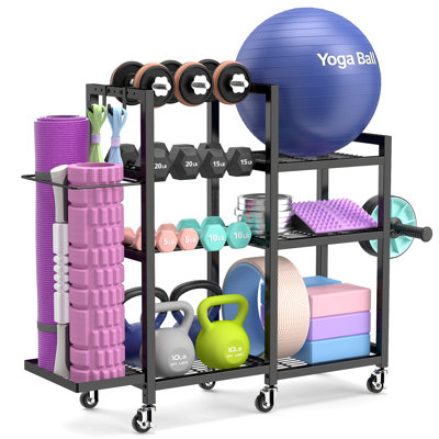 Support de rangement pour salle de sport à domicile avec roulettes verrouillables à 360 °, organisateur d'entraînement robuste avec haltères à largeur réglable, support de poids de 70 lb par tablette pour haltères, kettlebells, ballon de yoga, tapis de yoga, bandes de résistance et équipement d'entraînement complet à la maison, noir