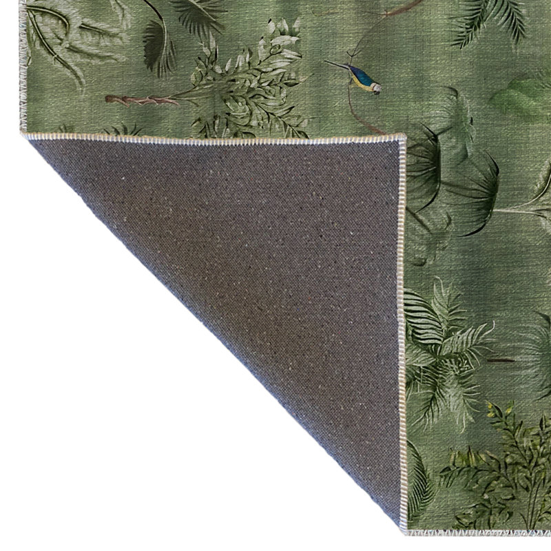 Tapis décoratif moderne vert à motif d'oiseaux et d'arbres, Rectangle 4 pi 11 po x 9 pi 10 po