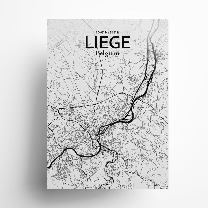 «Liege City Map», impression, Noir / blanc, H 27,6 po x l 19,7 po