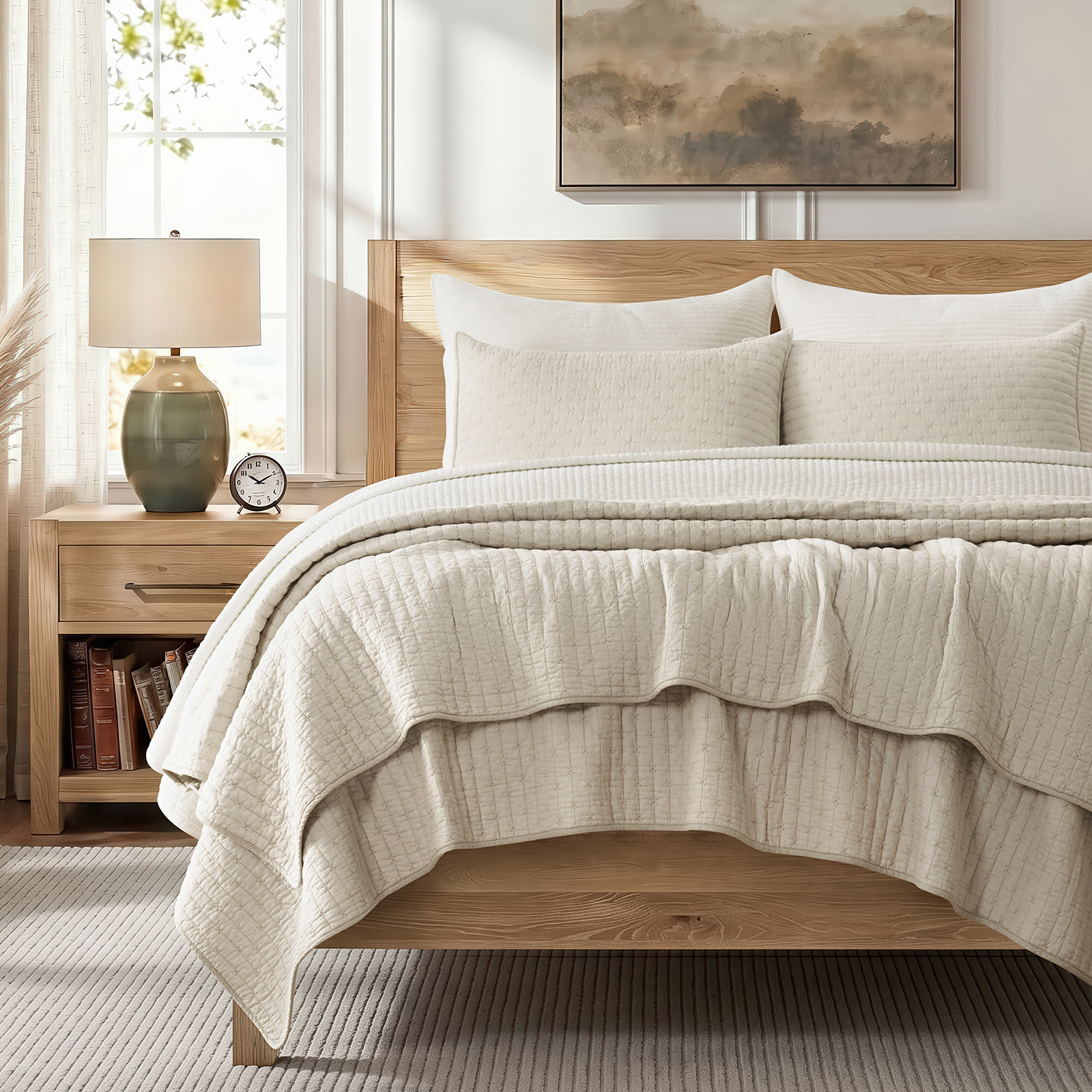 Cotton Quilt Set, Oversized CalKing Quilt + 2 Cal King Shams, Birch