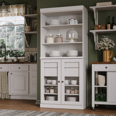 Kaniesha 100% Solid Wood 32" Pantry Cabinet with Clear Glass Doors, 2-Drawers and Adjustable Shelves by Hokku Designs