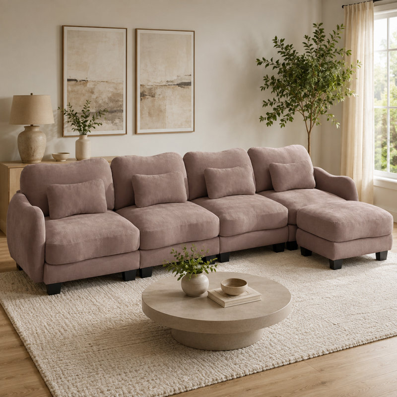 Canapé surdimensionné en L en chenille 4 places Rosman avec repose-pieds mobile, coussins lombaires, sièges profonds et accoudoirs courbés Rosman