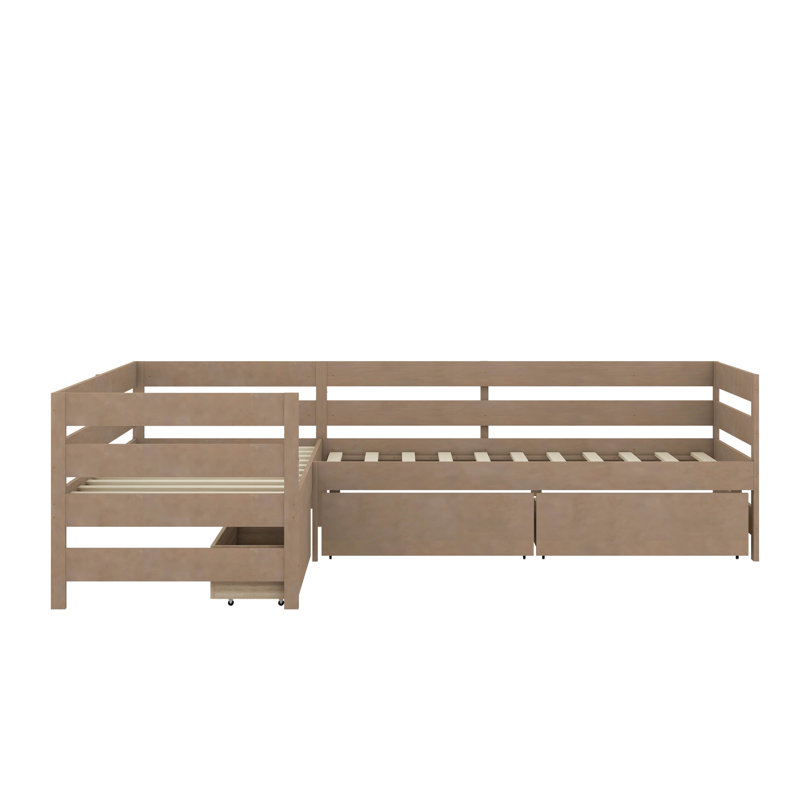 Lit plateforme compact en forme de L avec trois tiroirs de rangement, Naturel