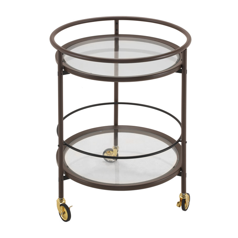Chariot-bar rond moderne avec tablettes en verre trempé et détails métalliques Luna, Café