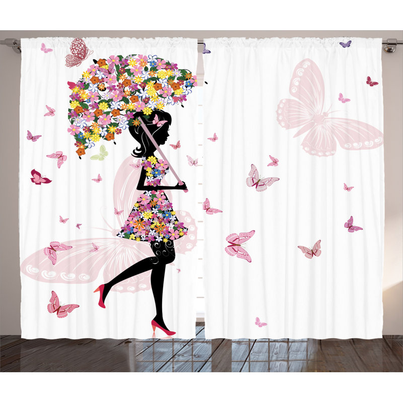 Floral Umbrella Dress Black and Pink Polyester Curtain Panel Pair
