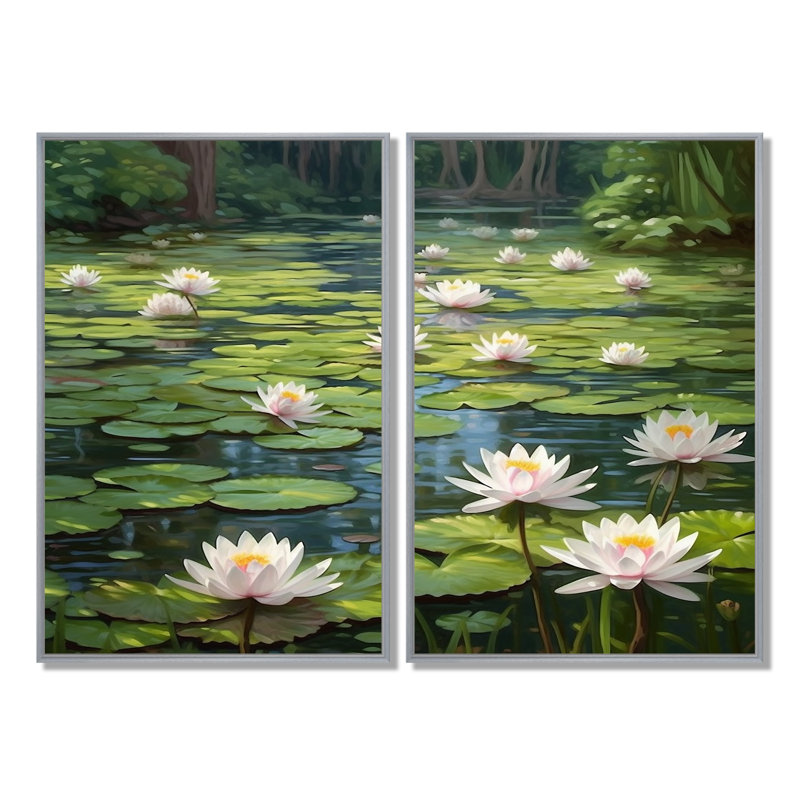 Magical Lotus Lily Pad Pond - Art mural moderne, Argent argent, H 36 po x l 48 po, Impression encadrée flottante