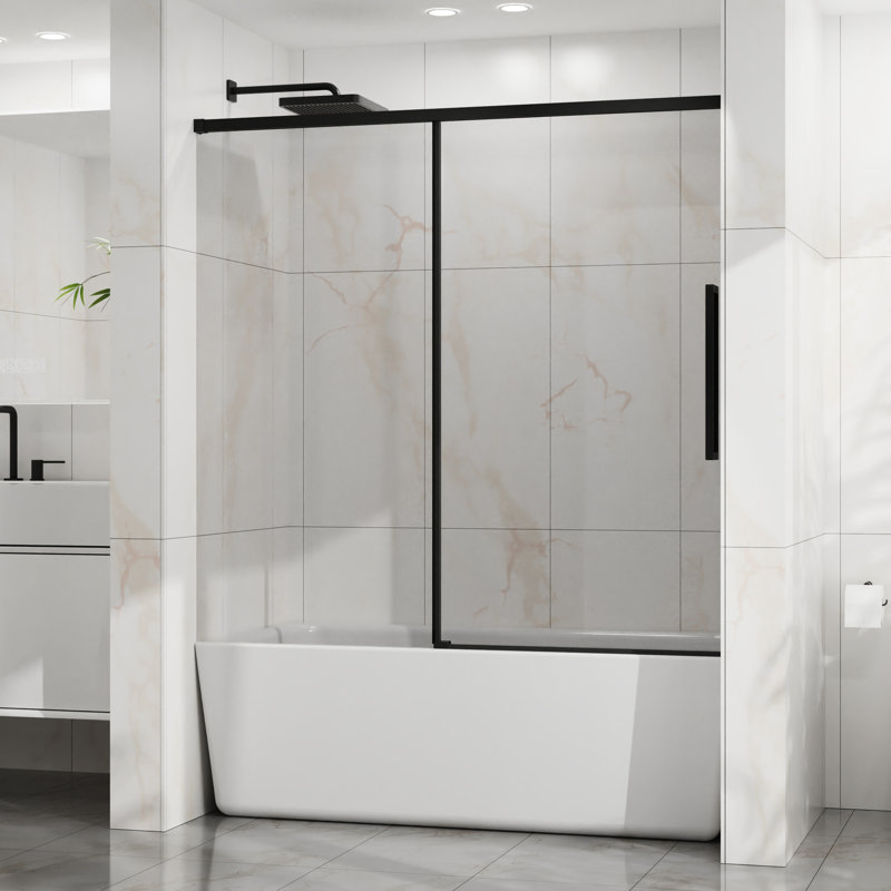Bathroom Sliding Shower Door, 1/4" (6mm) Tempered Glass, Adjustable Width 56" - 60", Splash Proof, Stainless Steel Rollers, Matte Black 60" Adjustable，semi ，sliding Bathtub Door，6mm Clear