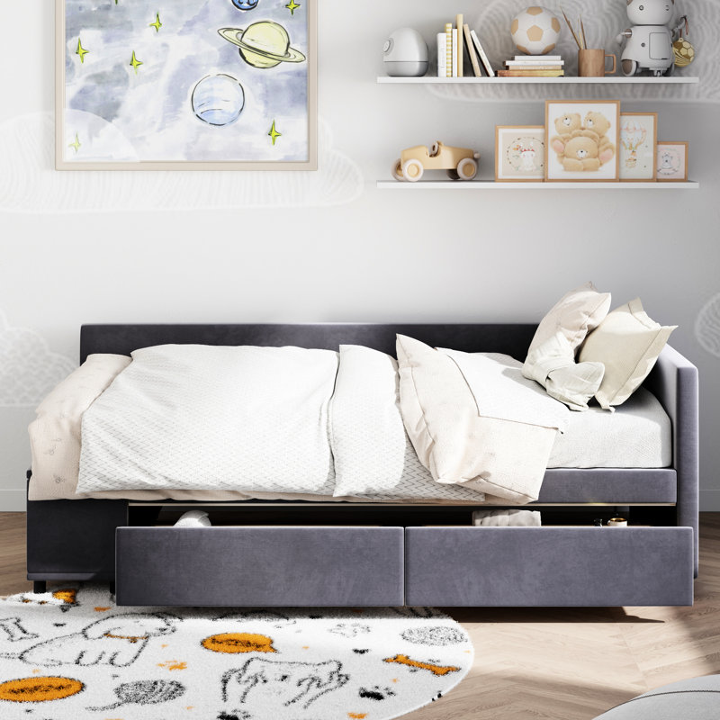 Lit plateforme simple avec rangement et velours pour une chambre à coucher élégante, revêtement de taille confortable, Gris
