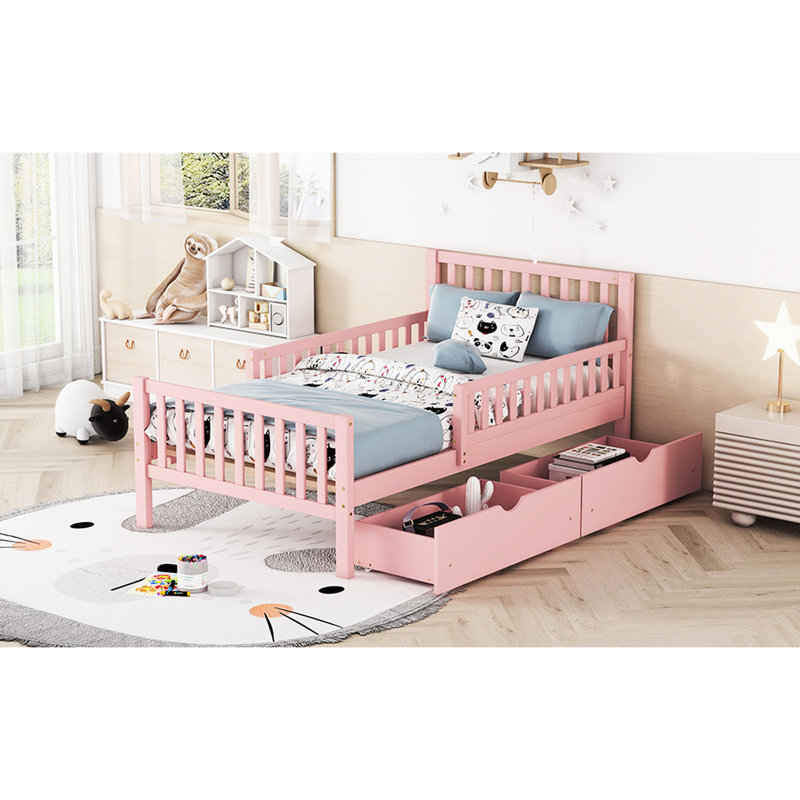 Lit plateforme rose avec garde-corps et rangement, Lit simple, Rose