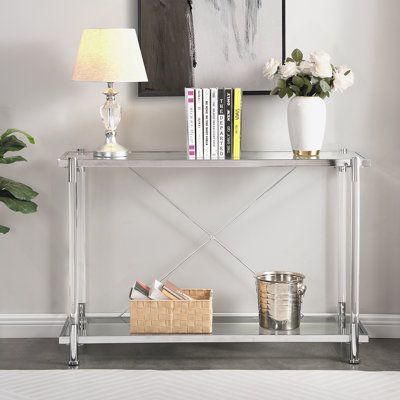 Élégante table de canapé en chrome et en acrylique avec plateau en verre, console idéale pour le salon et la chambre à coucher