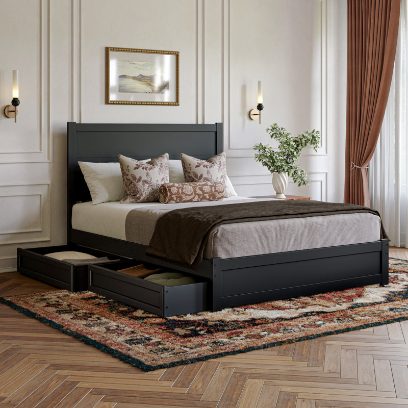 Aveline Wood Platform Bed with Storage Drawers, Black, Queen
