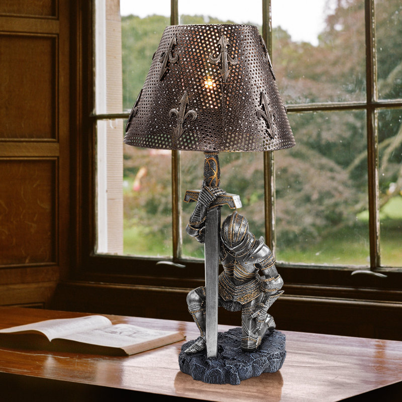Ebros The Accolade Kneeling Knight Suit of Armor Ceremony Side Table Lamp 22"H