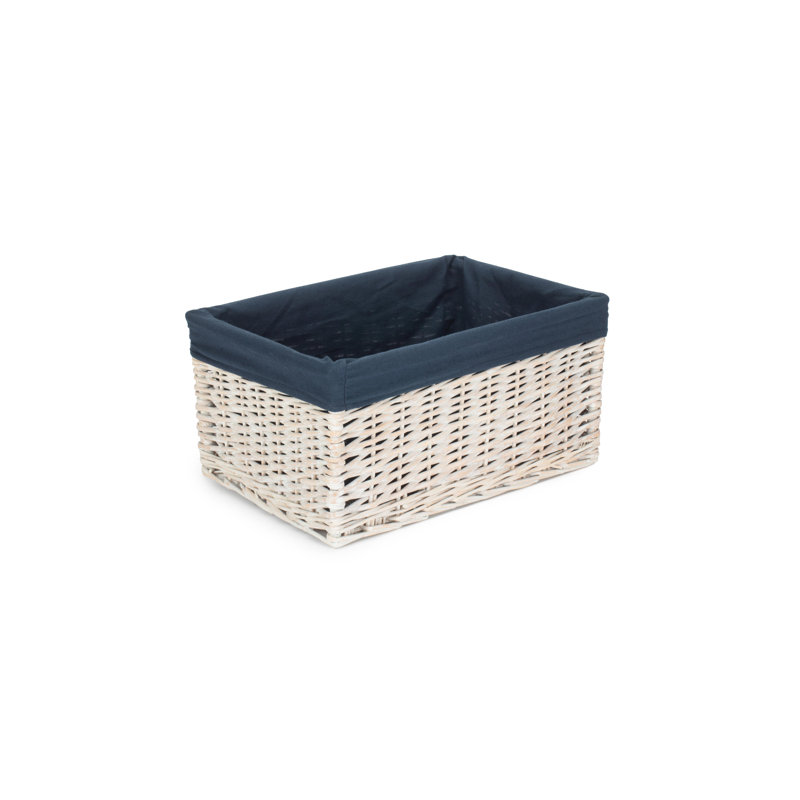 Lily Manor Wicker Storage Basket with Lining , 21cm H x 43cm W x 31cm D, White Wash/Navy