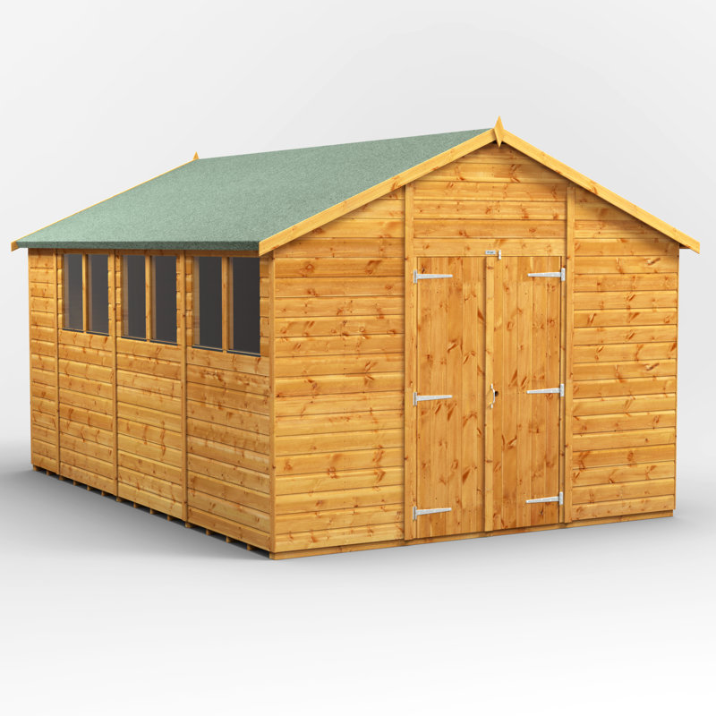 Powersheds 14 x 10ft Timber Tongue & Groove Apex Garden Shed, Double Doors