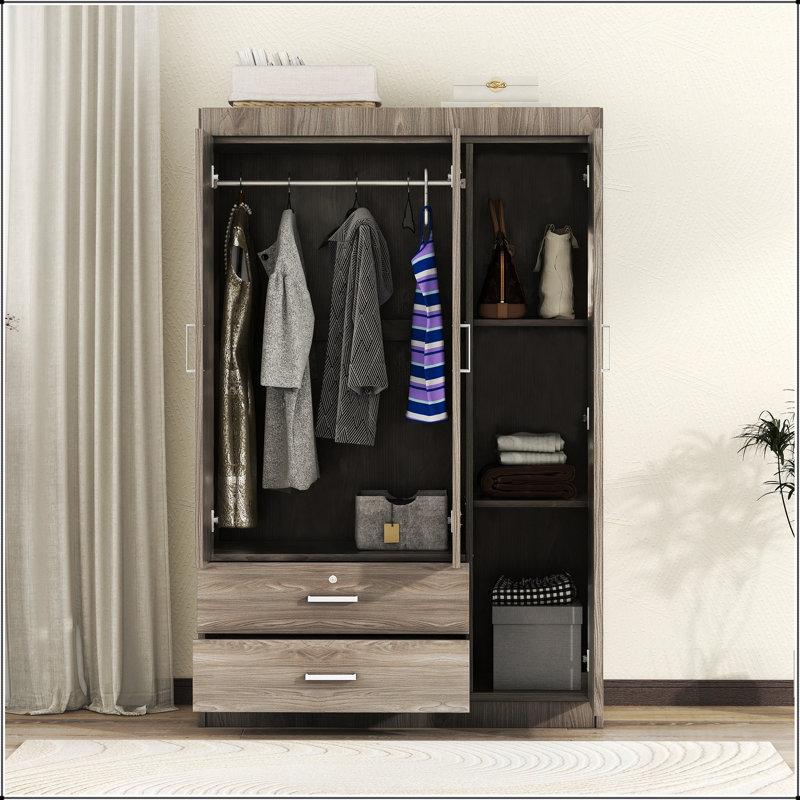 Armoire 3 portes avec 2 tiroirs, effet grain de bois, design épuré moderne pour un rangement organisé et élégant