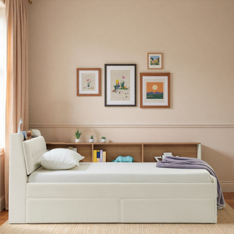 Multi-functional Daybed With Storage Headboard, Wireless Charging, 2 Storage Drawers And Led Lights, Beige