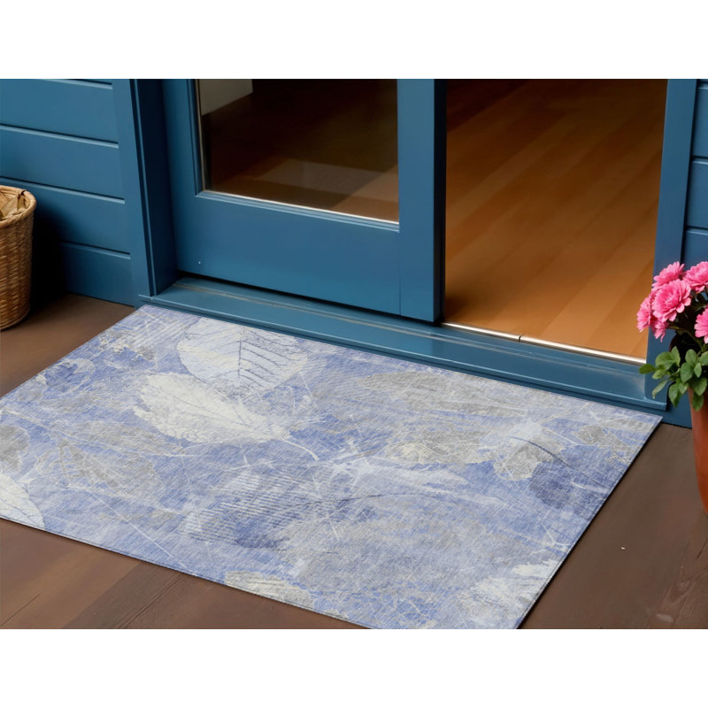 3' X 5' Denim Blue And Ivory Floral Washable Indoor Outdoor Area Rug