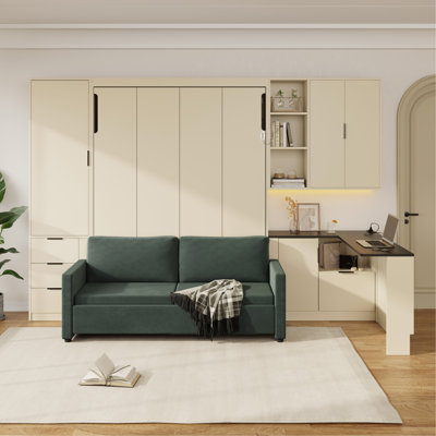 Grand lit escamotable mural avec rangement hydraulique, canapé, tablettes et tiroirs, éclairage DEL / USB, panneau crème, canapé vert