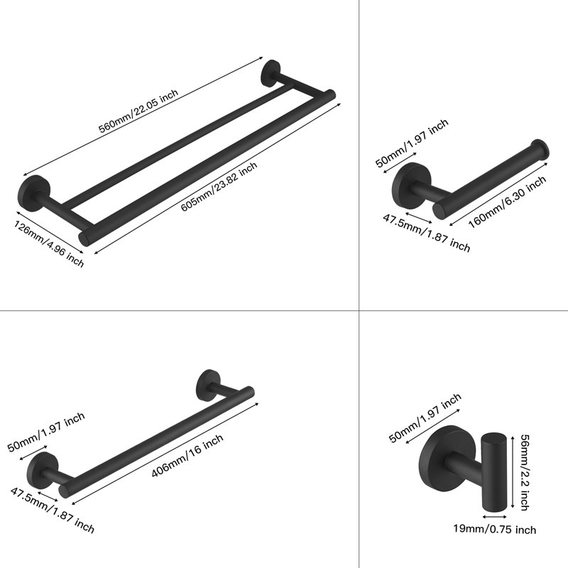 4-Piece Bath Hardware With Towel Bar Towel Rack Towel Hook And Toilet Paper Holder Set In Matte Black, Matte Black