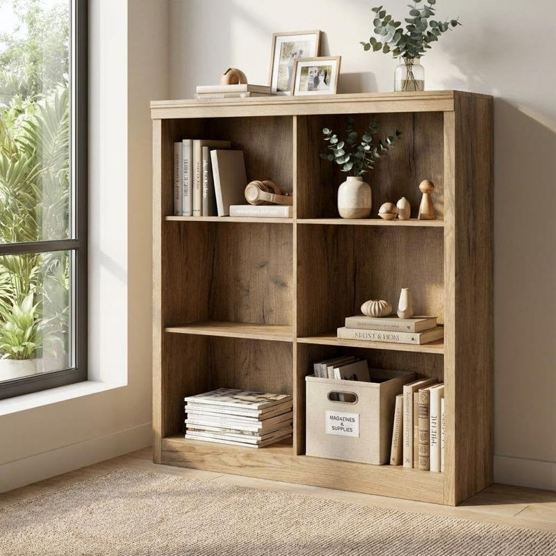 53" Tall 6-Cube Wooden Bookshelf Organizer, 3-Tier Open Storage Shelf with Anti-Tip Kit, Natural