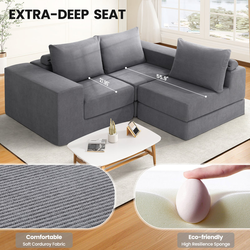 Canapé-lit modulaire convertible en velours côtelé Boneless, Gris