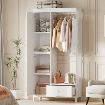 Armoire-penderie moderne avec tringle à vêtements, tablettes à 4 niveaux, tiroirs et panneaux en filet