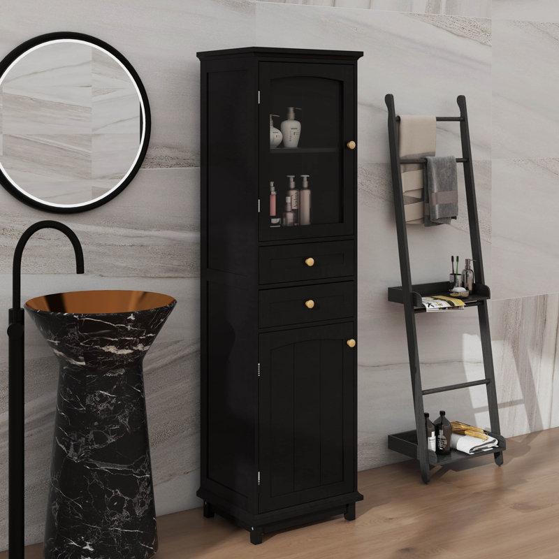 Armoire de rangement autoportante à la mode 63 pouces avec tablette réglable, 2 tiroirs utiles et portes en verre élégantes