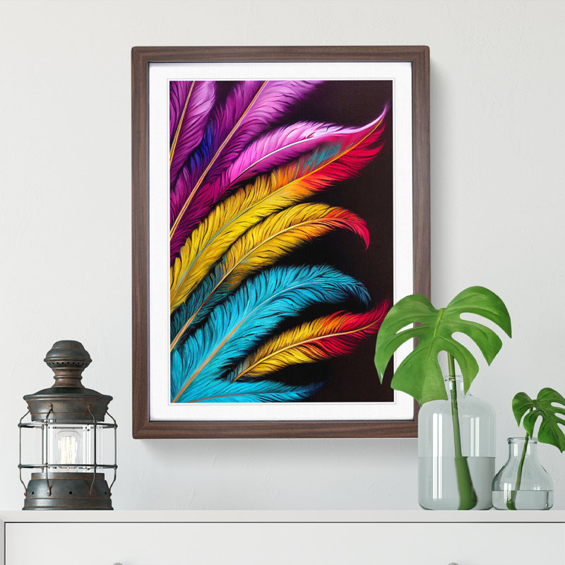 Vibrant Feathers No.2 - Wall Art, 66cm H x 48cm W x 3cm D, Walnut Framed Paper, White