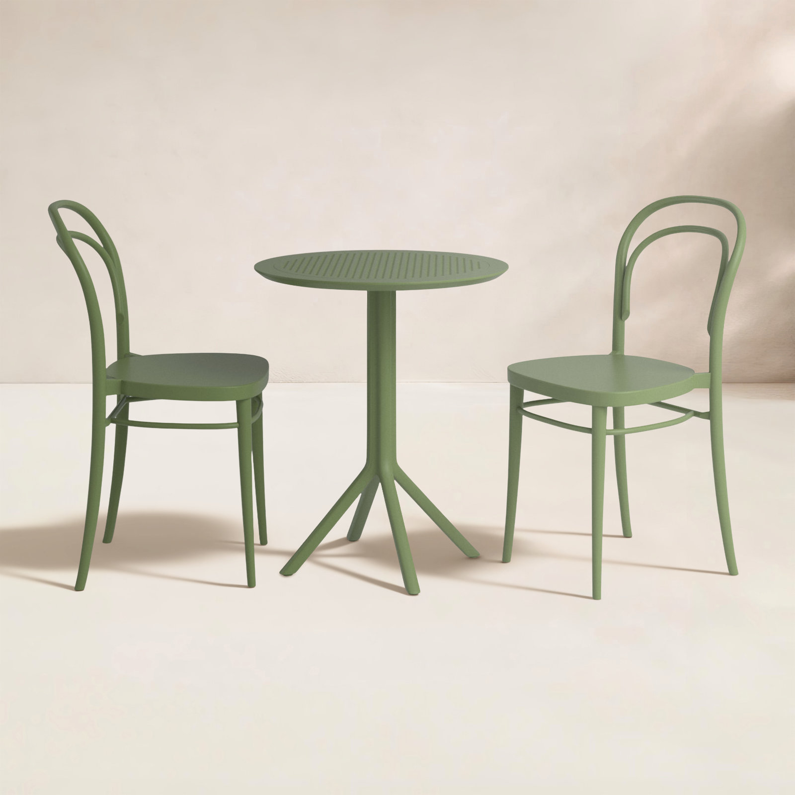 Farrah 23.6" W Round Plastic 3-Piece Patio Bistro Set with Stackable Chairs, Olive Green