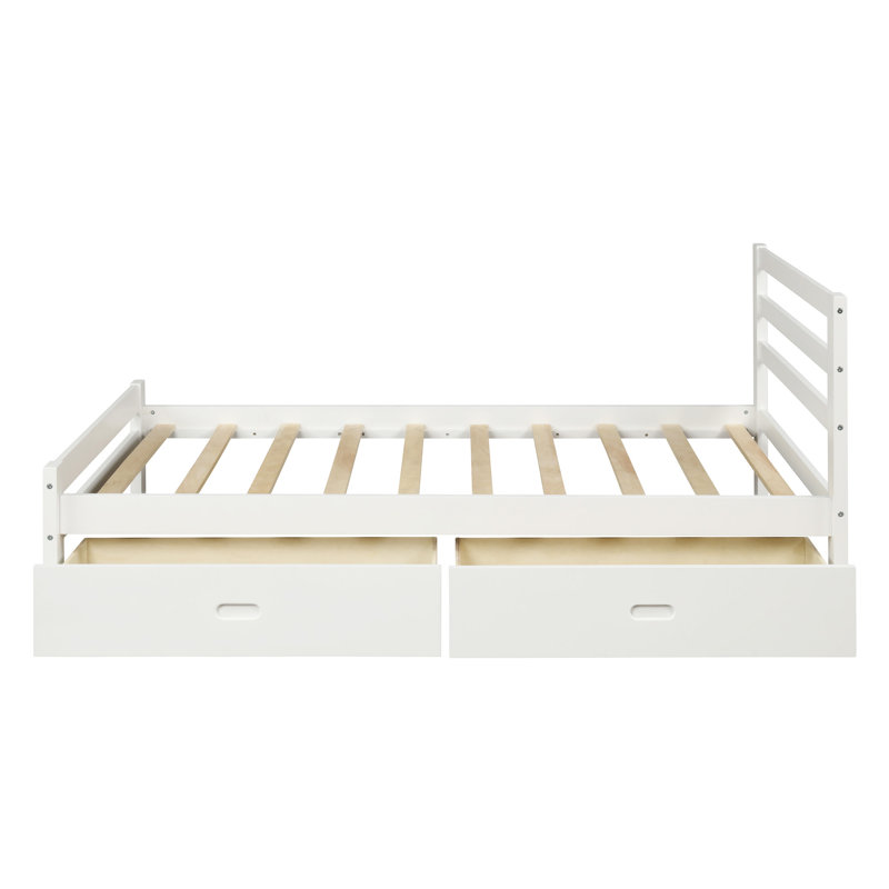 Lit plateforme avec rangement à profil bas Aniko avec 2 tiroirs et tête de lit, Blanc, Simple