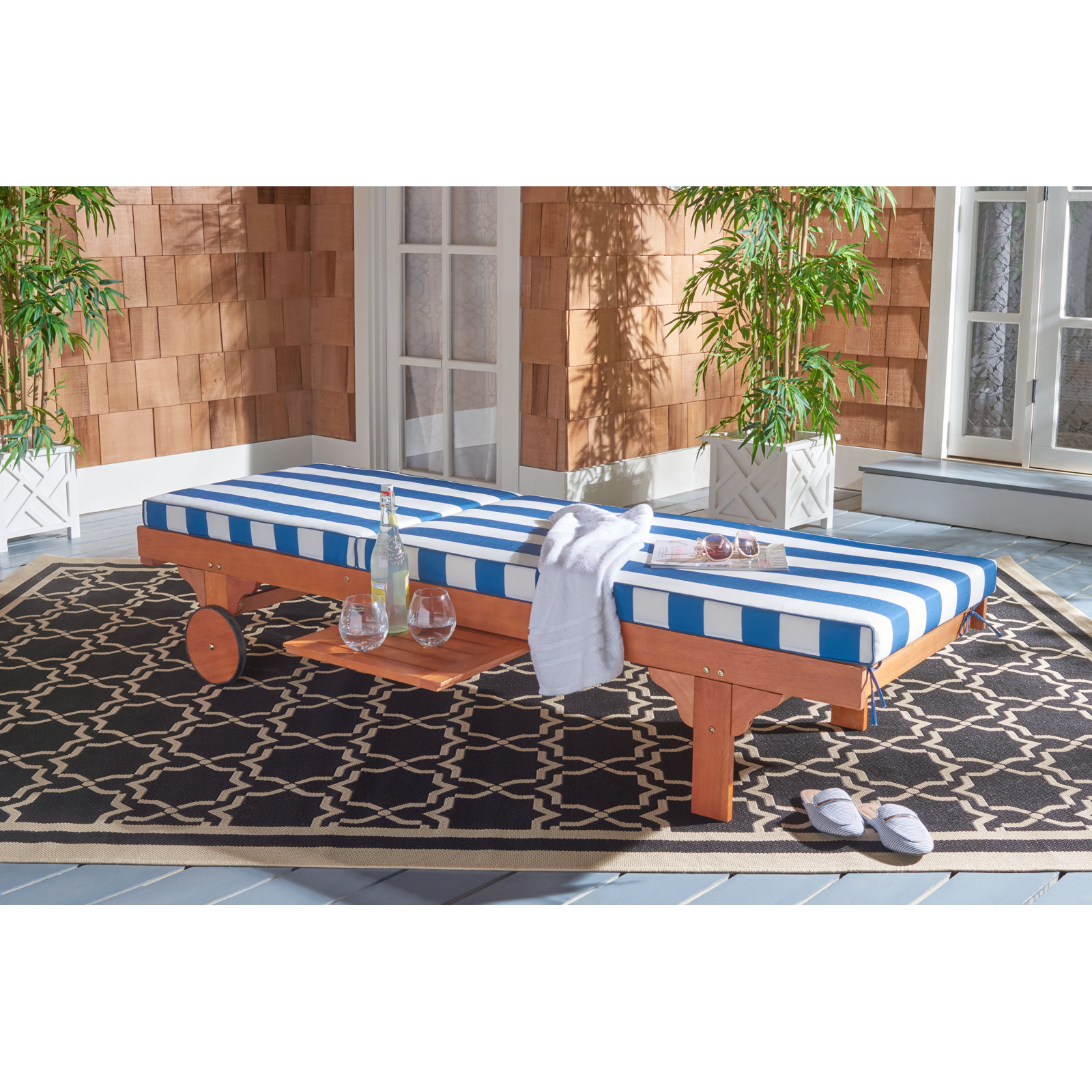 Jivera 28" Eucalyptus Patio Chaise Lounge, Blue/White, Wood