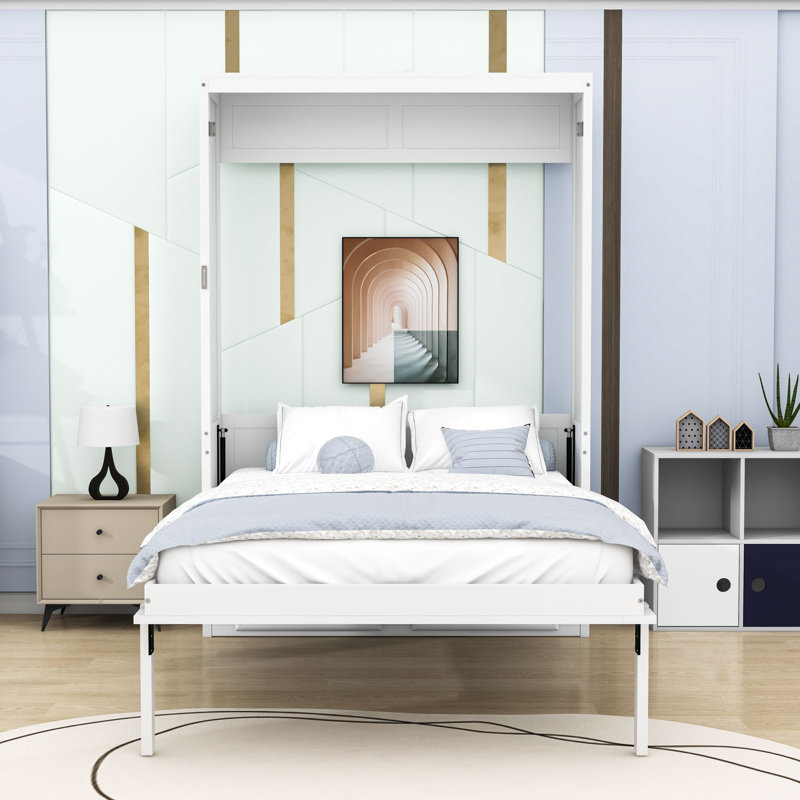 Lit escamotable double en bois avec tête de lit et 2 tiroirs