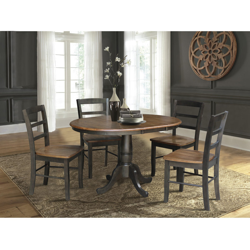 Gadmann Pedestal Extendable Solid Wood Dining Set, Hickory/Washed Coal, 5 Pieces: Table, 4 Chairs