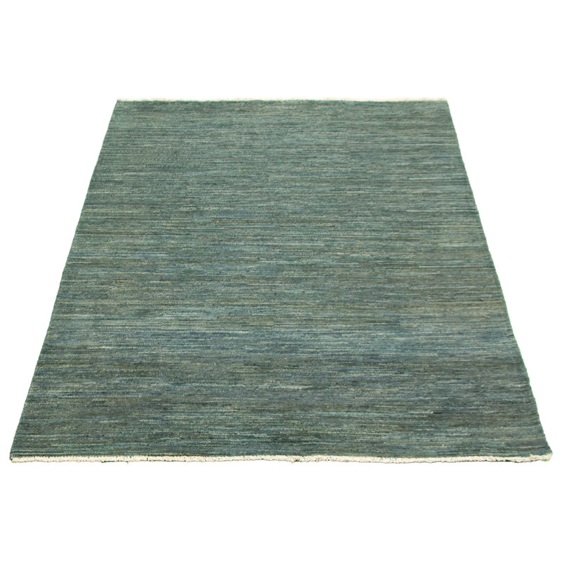 Tapis décoratif en laine bleu denim clair de conception unique 4 pi 11 po x 7 pi 6 po noué à la main New Age