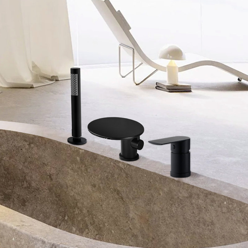 Robinet de baignoire rond à poignée simple à trois trous, Noir mat