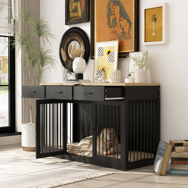 Dorien Dog Crate Furniture With 3 Drawers, Black/Oak