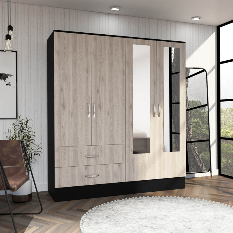 Armoire, six tablettes, deux armoires à deux portes, deux miroirs, deux tiroirs