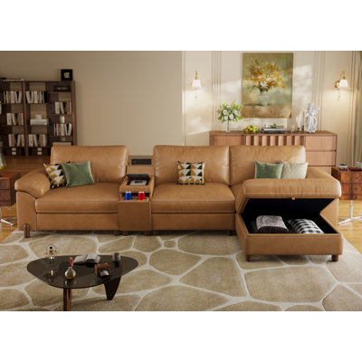 Canapé modulaire en L à 4 places avec console de chargement polyvalente, porte-gobelets, repose-pieds avec rangement et housses lavables, similicuir brun résistant aux égratignures