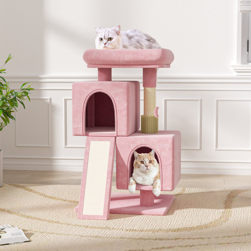 34" Compact Cat Tree With Ramp, Dangling Ball, And Perch, Ideal For Small Spaces And Indoor Cats, Pink