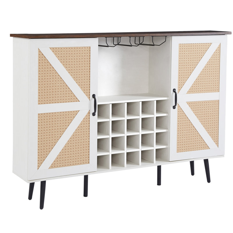 Armoire à vin blanche en faux rotin avec porte et porte-verres à vin